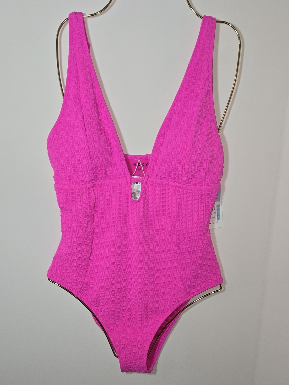 ROXY Haleiwa Plunge One-Piece Bright Hot Pink Textured NWT Size L